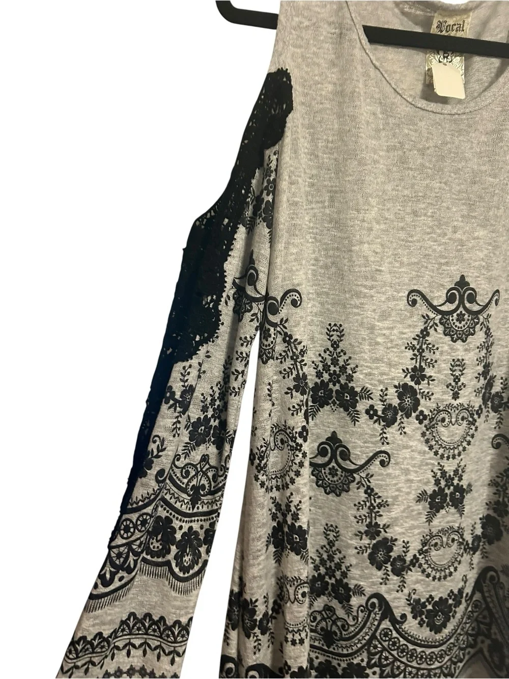 Vocal Cold Shoulder Dress Grey Black Damask Lace Whimsigoth Tunic Mini XL